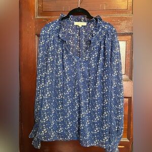 LOFT Navy Blue Floral Ruffled V-Neck Blouse